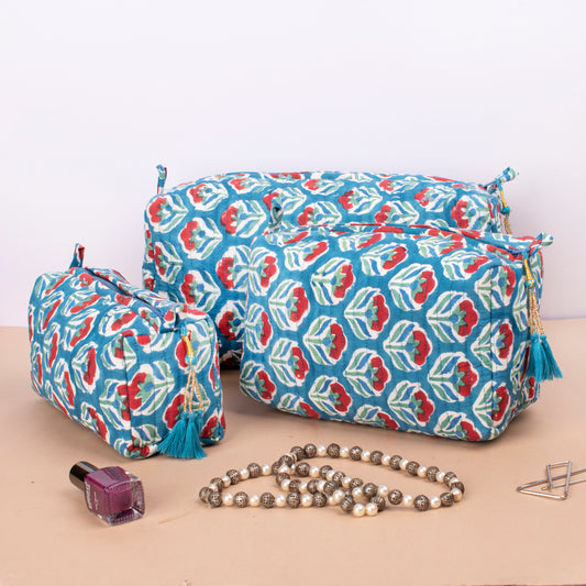 Waterproof Toiletry Pouch, Block Print Makeup Bag, Mini Makeup Bag, Bridesmaid Gift Makeup Bag, Vanity Case, Travel Makeup Pouch - Set of 3