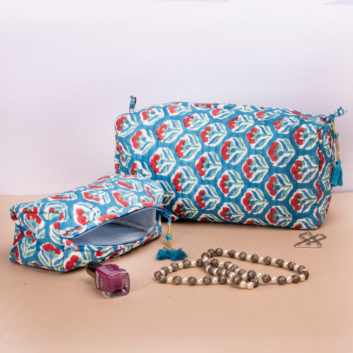 Set of 3 – Hand Block Makeup Bag | Cotton Cosmetic Pouch &amp; Organizer