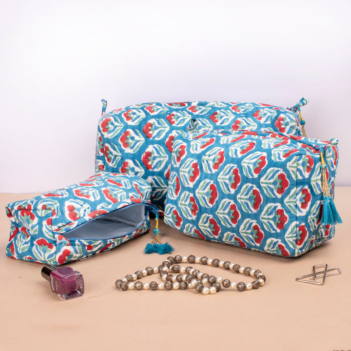Set of 3 – Hand Block Makeup Bag | Cotton Cosmetic Pouch &amp; Organizer