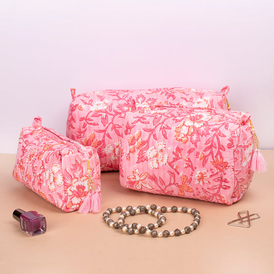 Handmade Aesthetic Pouch, Bridesmaid Gift, Makeup Travel Bag, Handmade Cotton Toiletry Bag, Block Print Makeup Bag, Quilted Wash Bag - Set of 3