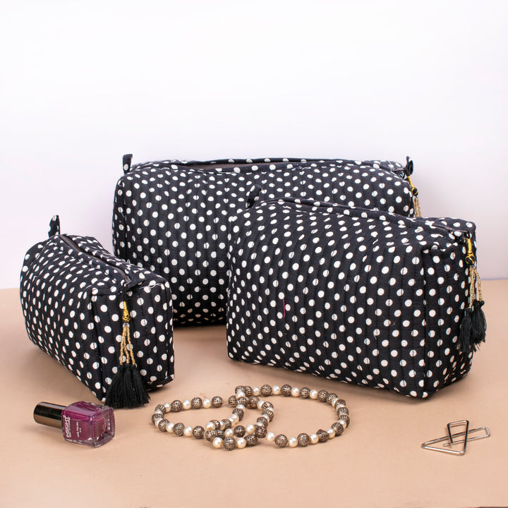 Set of 3 – Quilted Makeup Bag | Cotton Cosmetic Pouch &amp; Organizer