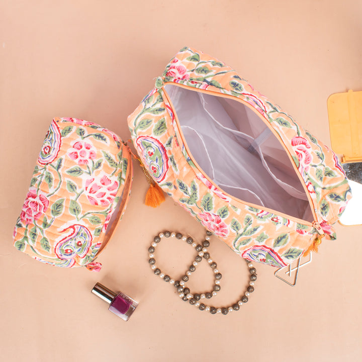 Set of 3 – Quilted Makeup Bag | Cotton Cosmetic Pouch &amp; Organizer