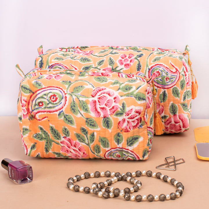 Set of 3 – Quilted Makeup Bag | Cotton Cosmetic Pouch &amp; Organizer