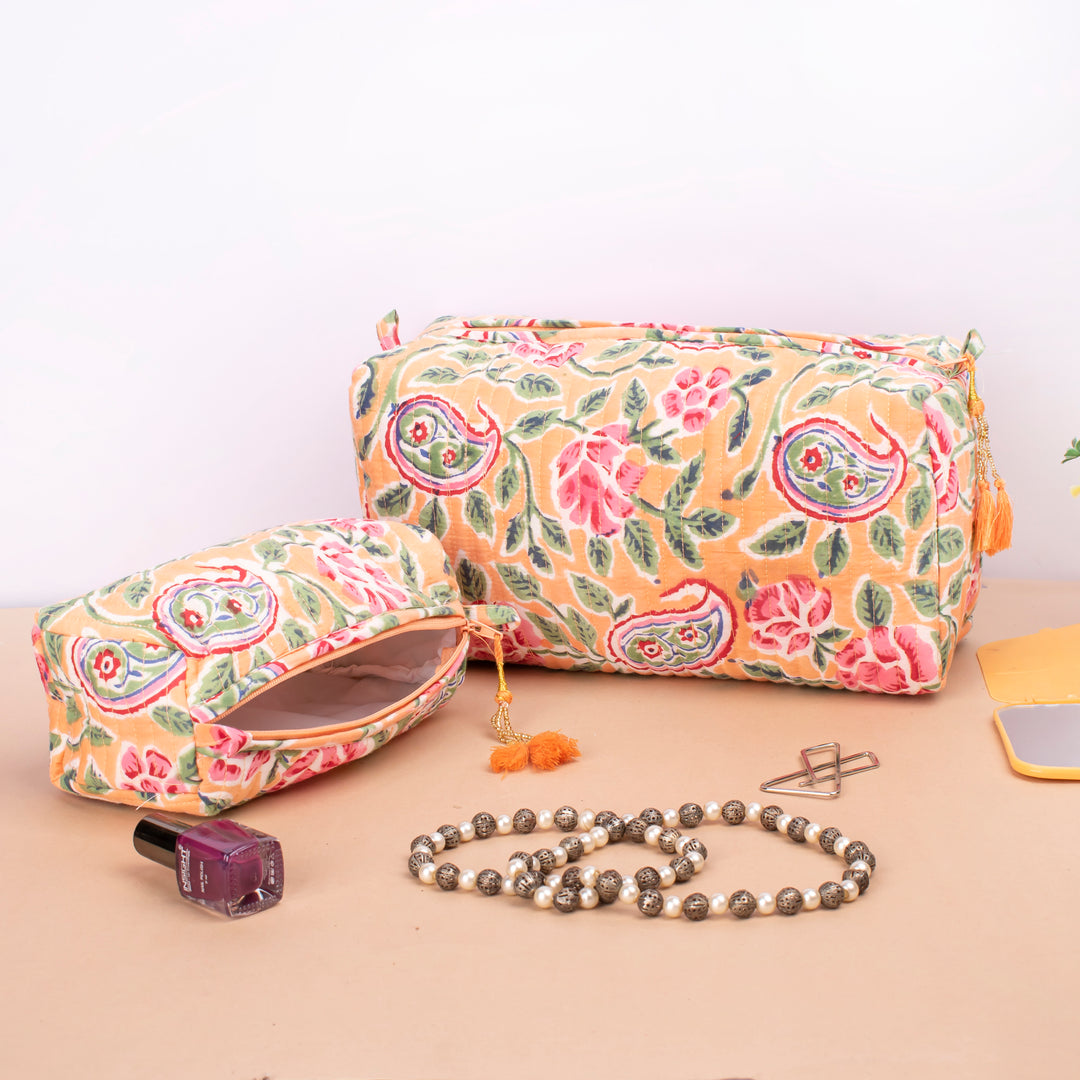 Set of 3 – Quilted Makeup Bag | Cotton Cosmetic Pouch &amp; Organizer