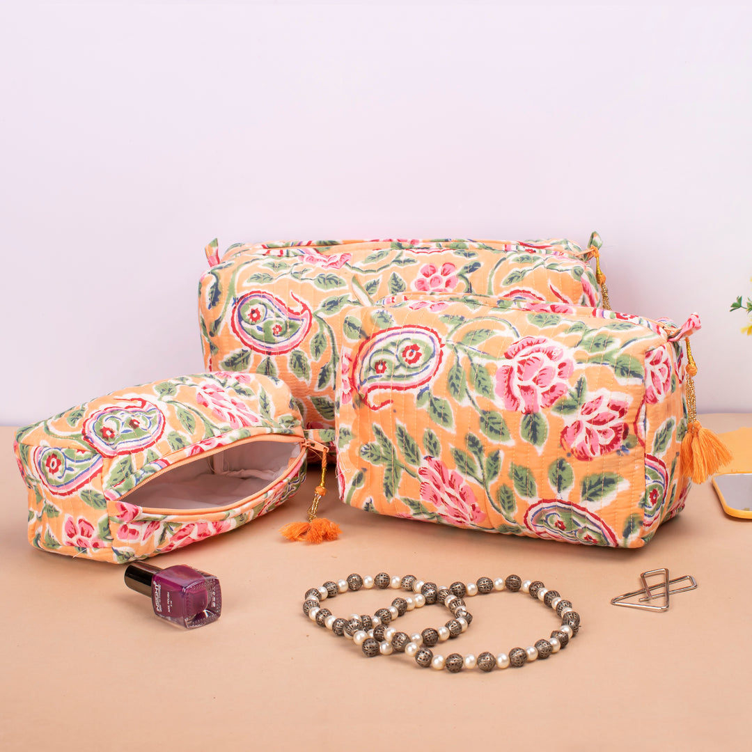 Set of 3 – Quilted Makeup Bag | Cotton Cosmetic Pouch &amp; Organizer