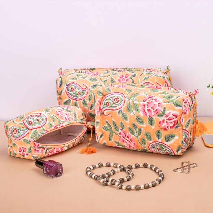 Set of 3 – Quilted Makeup Bag | Cotton Cosmetic Pouch &amp; Organizer