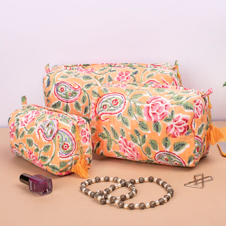 Set of 3 – Quilted Makeup Bag | Cotton Cosmetic Pouch &amp; Organizer