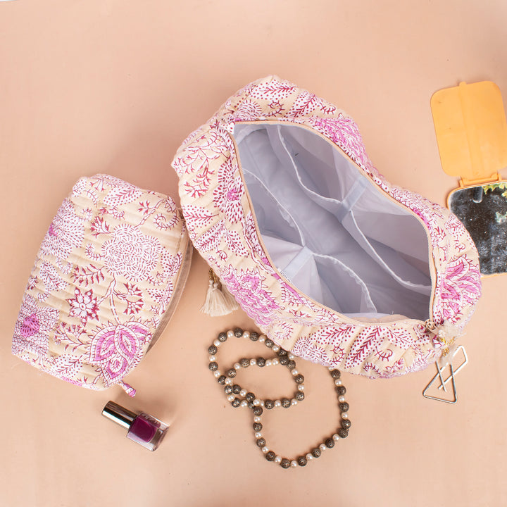 Set of 3 – Quilted Makeup Bag | Cotton Cosmetic Pouch &amp; Organizer