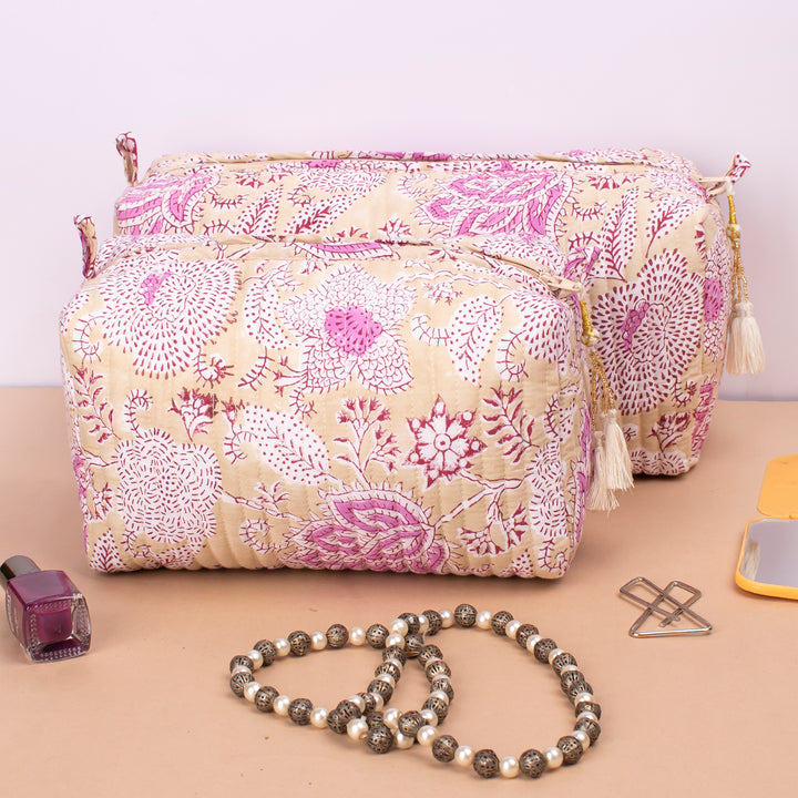 Set of 3 – Quilted Makeup Bag | Cotton Cosmetic Pouch &amp; Organizer