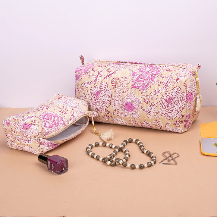 Set of 3 – Quilted Makeup Bag | Cotton Cosmetic Pouch &amp; Organizer