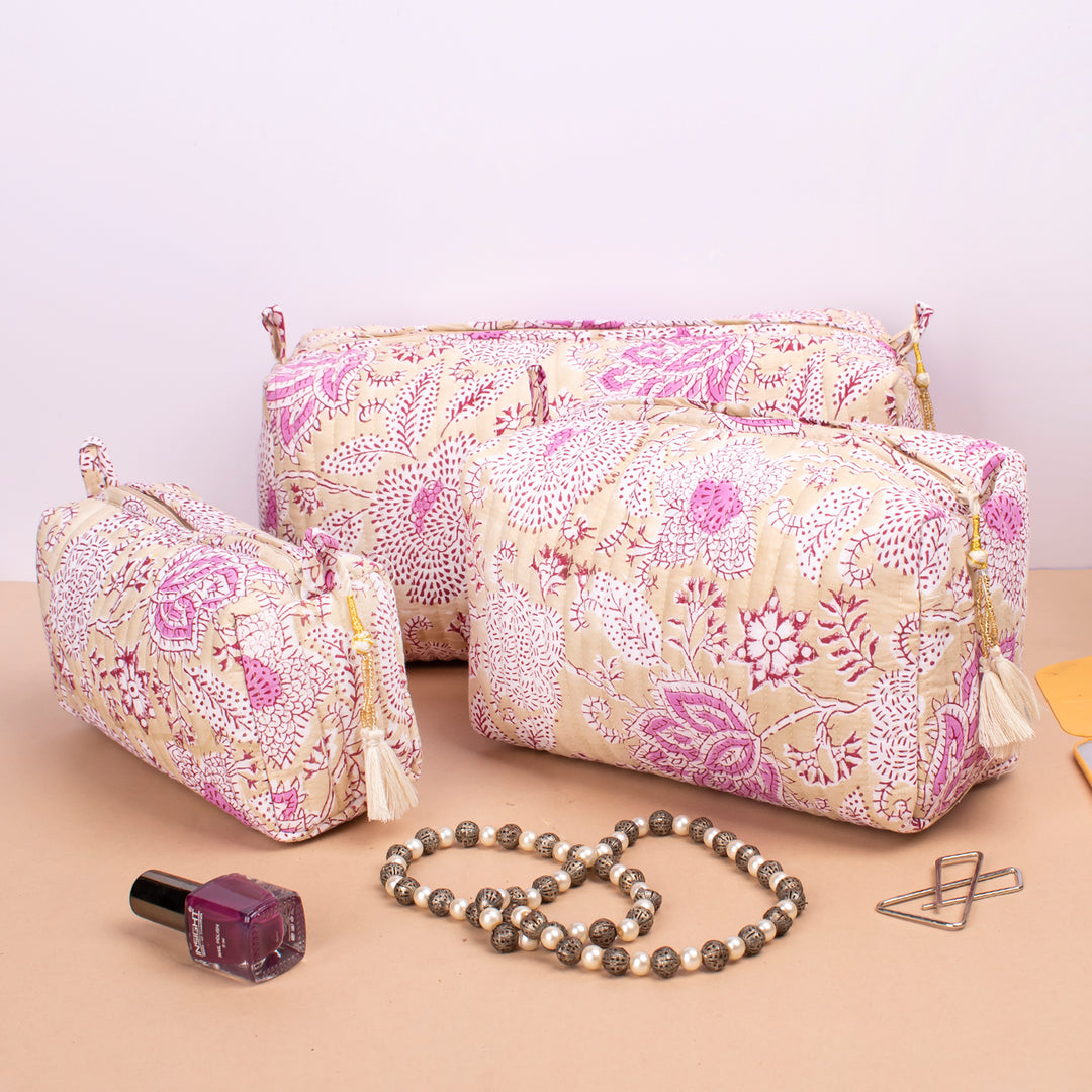 Set of 3 – Quilted Makeup Bag | Cotton Cosmetic Pouch &amp; Organizer