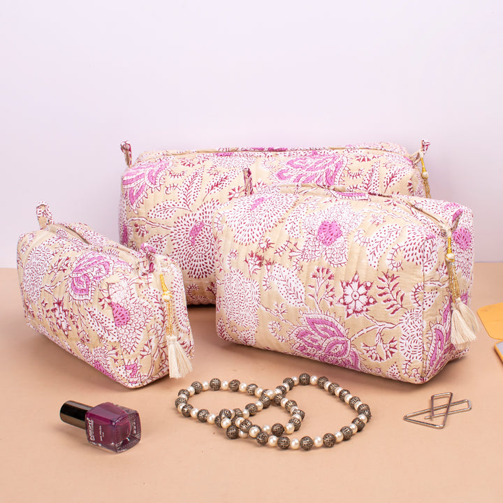 Set of 3 – Quilted Makeup Bag | Cotton Cosmetic Pouch &amp; Organizer