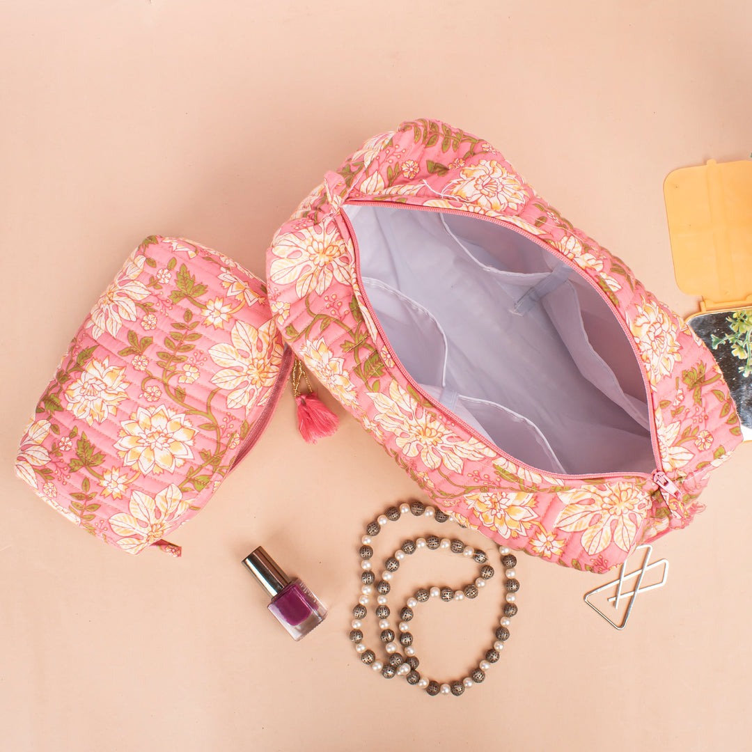 Set of 3 – Hand Block Makeup Bag | Cotton Cosmetic Pouch &amp; Organizer