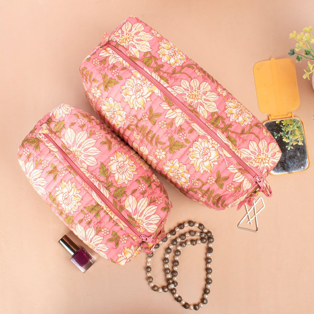 Set of 3 – Hand Block Makeup Bag | Cotton Cosmetic Pouch &amp; Organizer