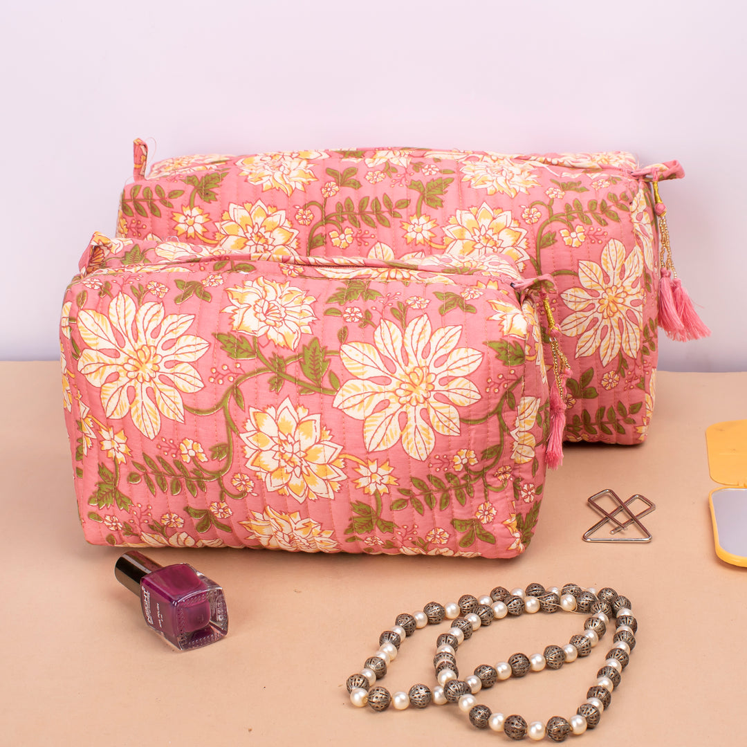 Set of 3 – Hand Block Makeup Bag | Cotton Cosmetic Pouch &amp; Organizer
