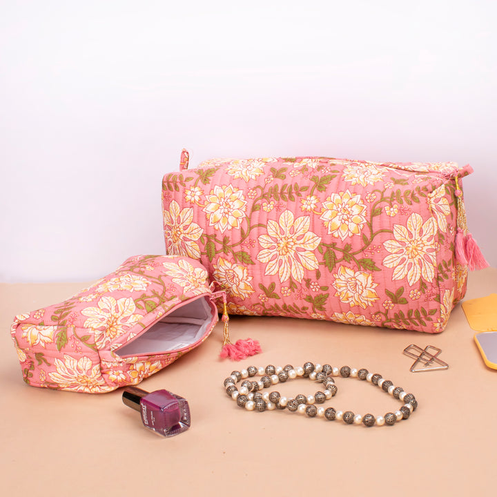 Set of 3 – Hand Block Makeup Bag | Cotton Cosmetic Pouch &amp; Organizer