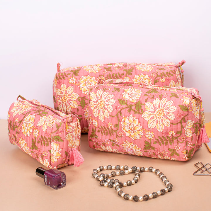 Set of 3 – Hand Block Makeup Bag | Cotton Cosmetic Pouch &amp; Organizer