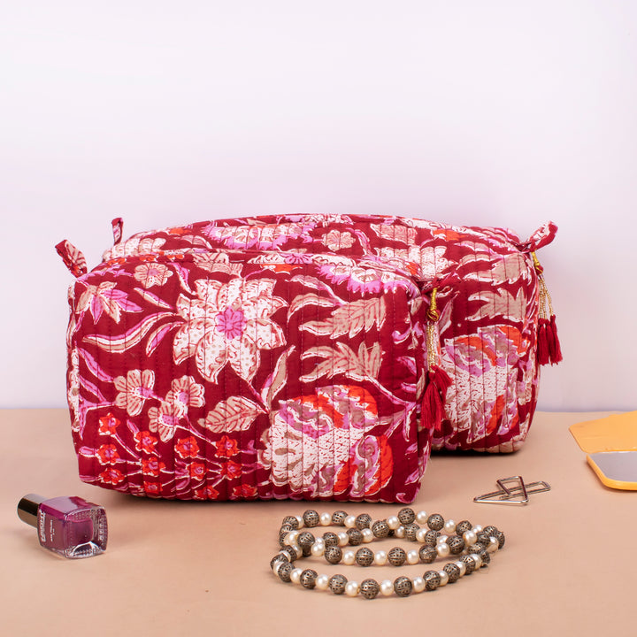 Set of 3 – Quilted Makeup Bag | Cotton Cosmetic Pouch &amp; Organizer