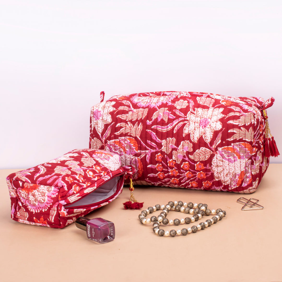 Set of 3 – Quilted Makeup Bag | Cotton Cosmetic Pouch &amp; Organizer