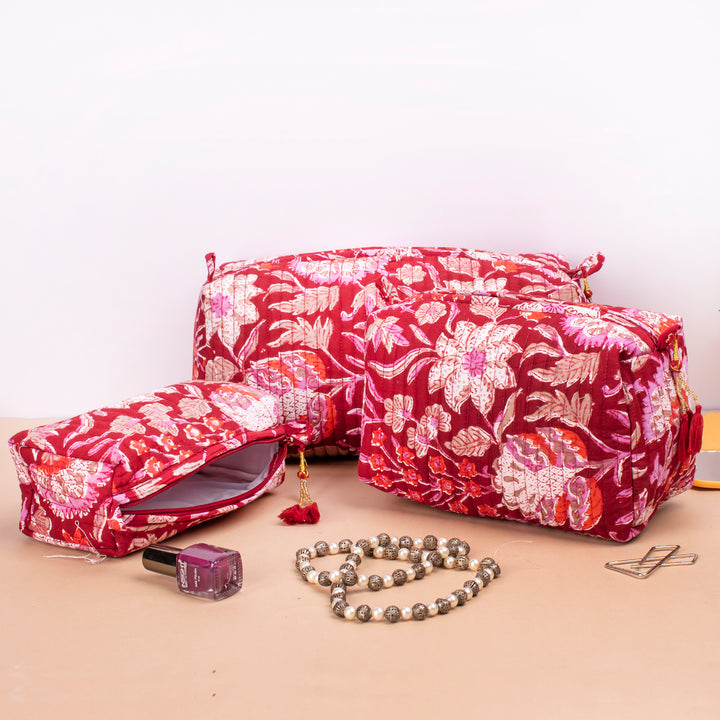 Set of 3 – Quilted Makeup Bag | Cotton Cosmetic Pouch &amp; Organizer