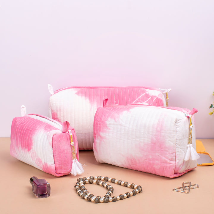 Set of 3 – Quilted Makeup Bag | Cotton Cosmetic Pouch &amp; Organizer