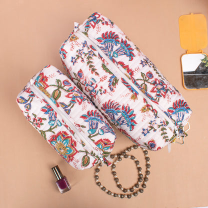Hand Block Print Toiletry Bag, Small Wash Bag For Women, Quilted Cotton Large Makeup Bag, Cosmetic Pouch - Set of 3