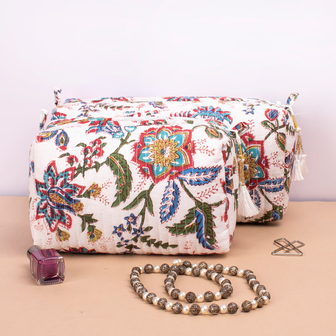 Set of 3 – Hand Block Makeup Bag | Cotton Cosmetic Pouch &amp; Organizer