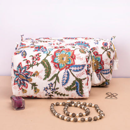 Hand Block Print Toiletry Bag, Small Wash Bag For Women, Quilted Cotton Large Makeup Bag, Cosmetic Pouch - Set of 3