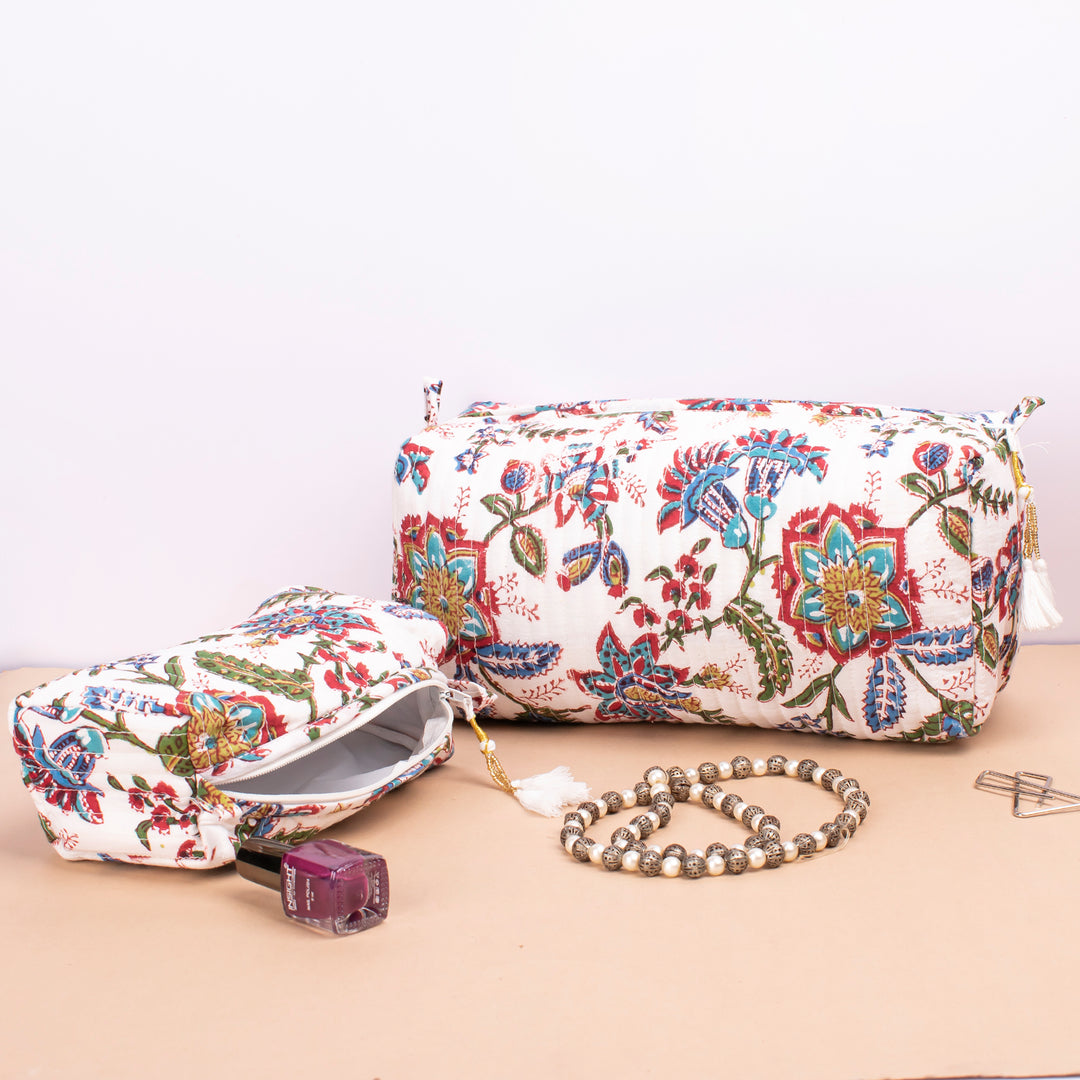 Set of 3 – Hand Block Makeup Bag | Cotton Cosmetic Pouch &amp; Organizer