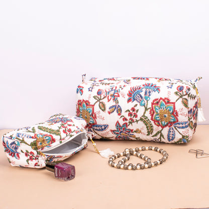 Hand Block Print Toiletry Bag, Small Wash Bag For Women, Quilted Cotton Large Makeup Bag, Cosmetic Pouch - Set of 3