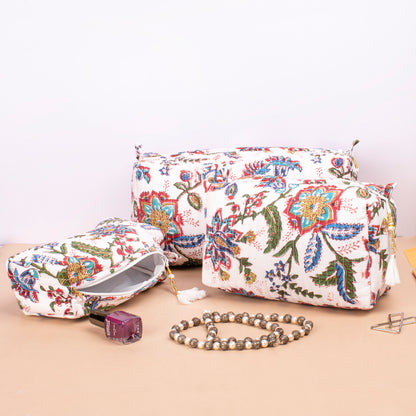 Hand Block Print Toiletry Bag, Small Wash Bag For Women, Quilted Cotton Large Makeup Bag, Cosmetic Pouch - Set of 3