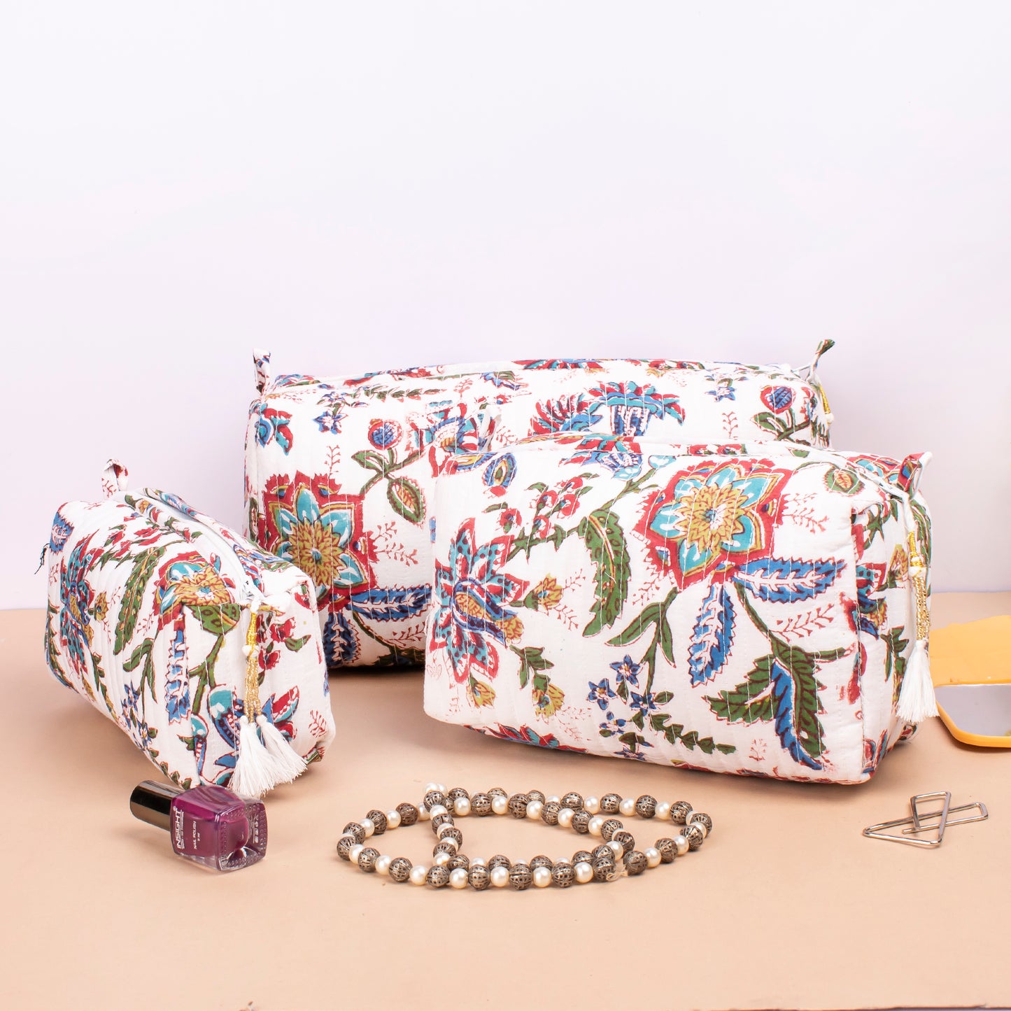 Hand Block Print Toiletry Bag, Small Wash Bag For Women, Quilted Cotton Large Makeup Bag, Cosmetic Pouch - Set of 3