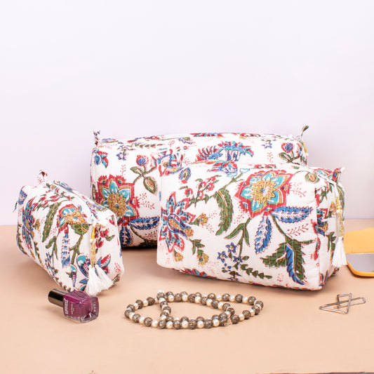 Hand Block Print Toiletry Bag, Small Wash Bag For Women, Quilted Cotton Large Makeup Bag, Cosmetic Pouch - Set of 3