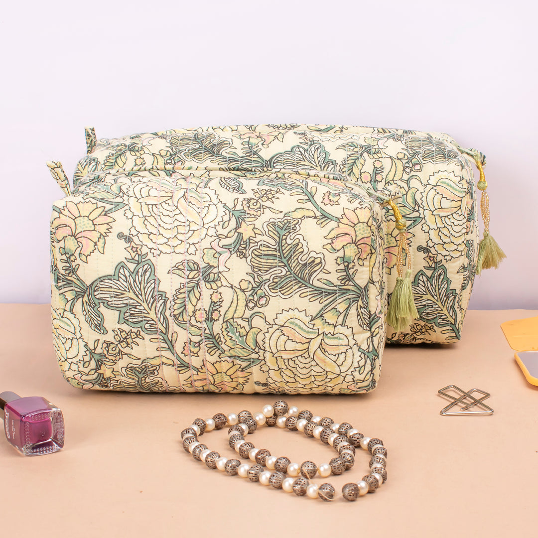 Set of 3 – Quilted Makeup Bag | Cotton Cosmetic Pouch &amp; Organizer