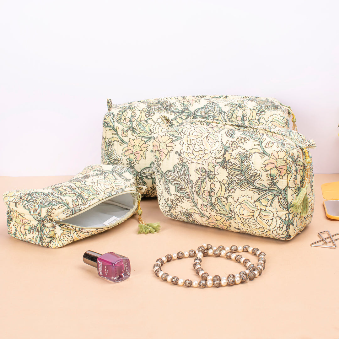 Set of 3 – Quilted Makeup Bag | Cotton Cosmetic Pouch &amp; Organizer
