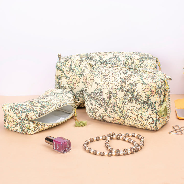 Set of 3 – Quilted Makeup Bag | Cotton Cosmetic Pouch &amp; Organizer