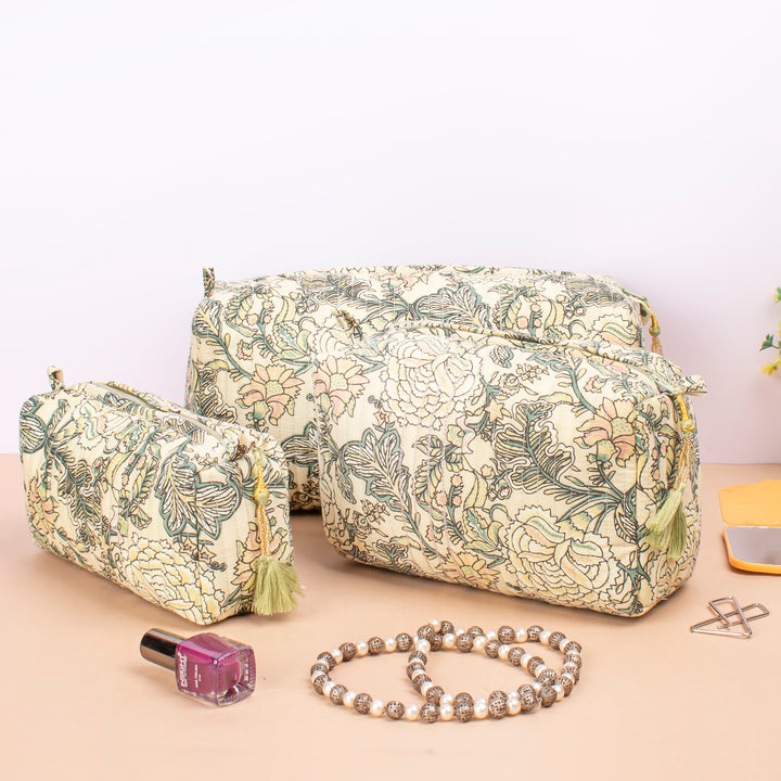 Set of 3 – Quilted Makeup Bag | Cotton Cosmetic Pouch &amp; Organizer