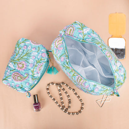 Mini Makeup Organizer, Toiletry Bag Floral, Block Printing, Cute Makeup Organizer, Vanity Bag Makeup - Set of 3