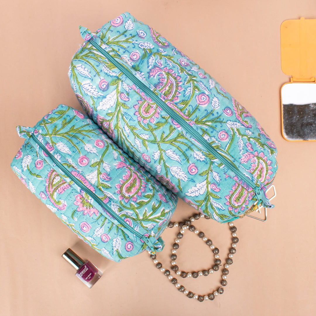 Set of 3 – Floral Makeup Bag | Cotton Cosmetic Pouch &amp; Organizer