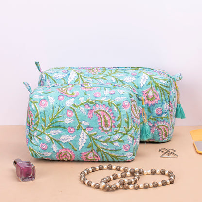 Mini Makeup Organizer, Toiletry Bag Floral, Block Printing, Cute Makeup Organizer, Vanity Bag Makeup - Set of 3
