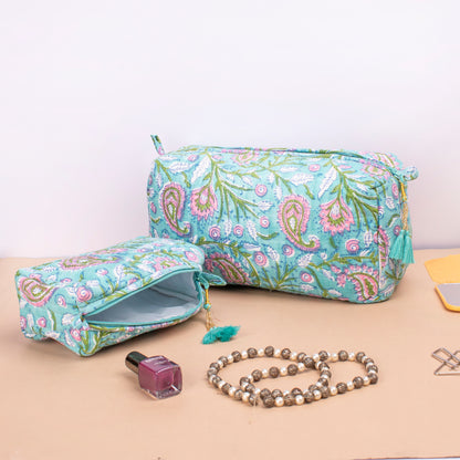 Mini Makeup Organizer, Toiletry Bag Floral, Block Printing, Cute Makeup Organizer, Vanity Bag Makeup - Set of 3