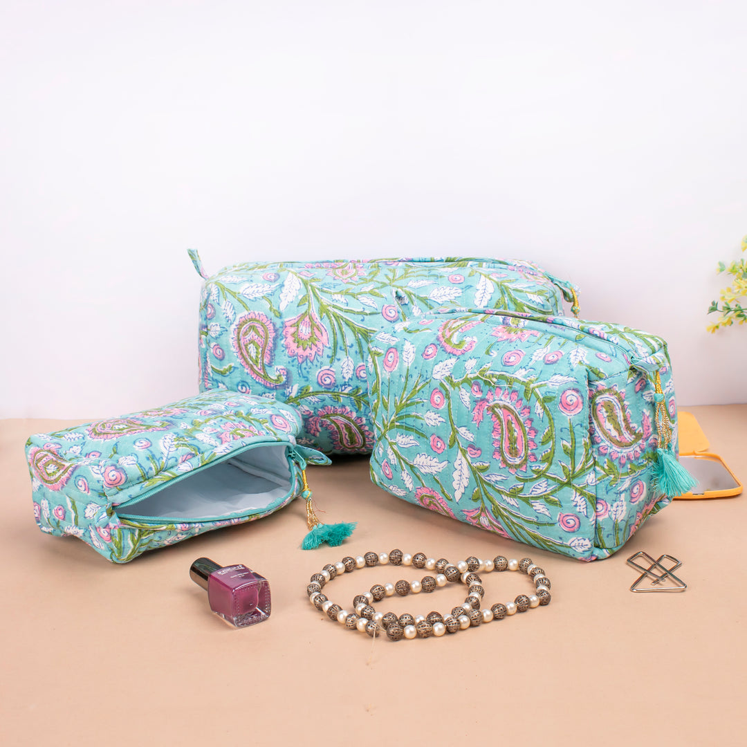Set of 3 – Floral Makeup Bag | Cotton Cosmetic Pouch &amp; Organizer