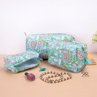 Mini Makeup Organizer, Toiletry Bag Floral, Block Printing, Cute Makeup Organizer, Vanity Bag Makeup - Set of 3