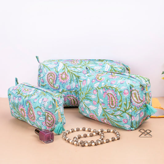 Mini Makeup Organizer, Toiletry Bag Floral, Block Printing, Cute Makeup Organizer, Vanity Bag Makeup - Set of 3