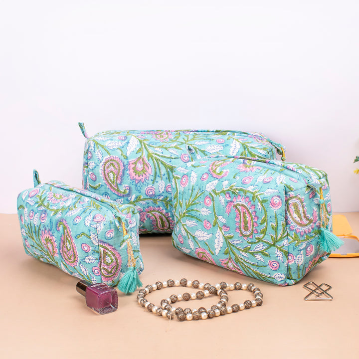 Set of 3 – Floral Makeup Bag | Cotton Cosmetic Pouch &amp; Organizer