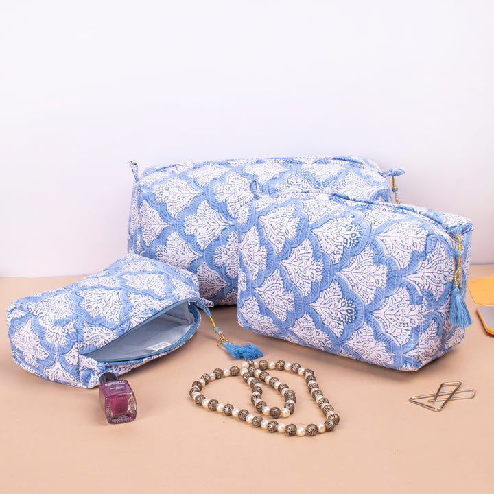 Set of 3 – Floral Makeup Bag | Cotton Cosmetic Pouch &amp; Organizer