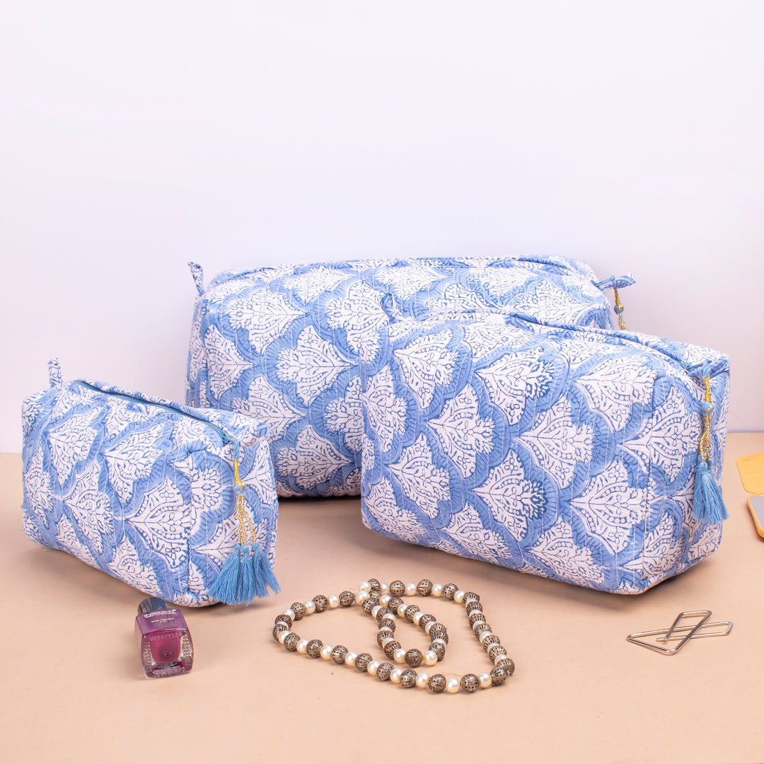 Set of 3 – Floral Makeup Bag | Cotton Cosmetic Pouch &amp; Organizer