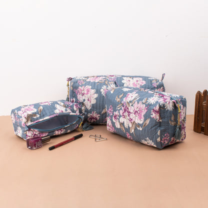 Quilted Wash Bag, Cotton Handmade Hand Block Print Toiletry Bag - Set of 3