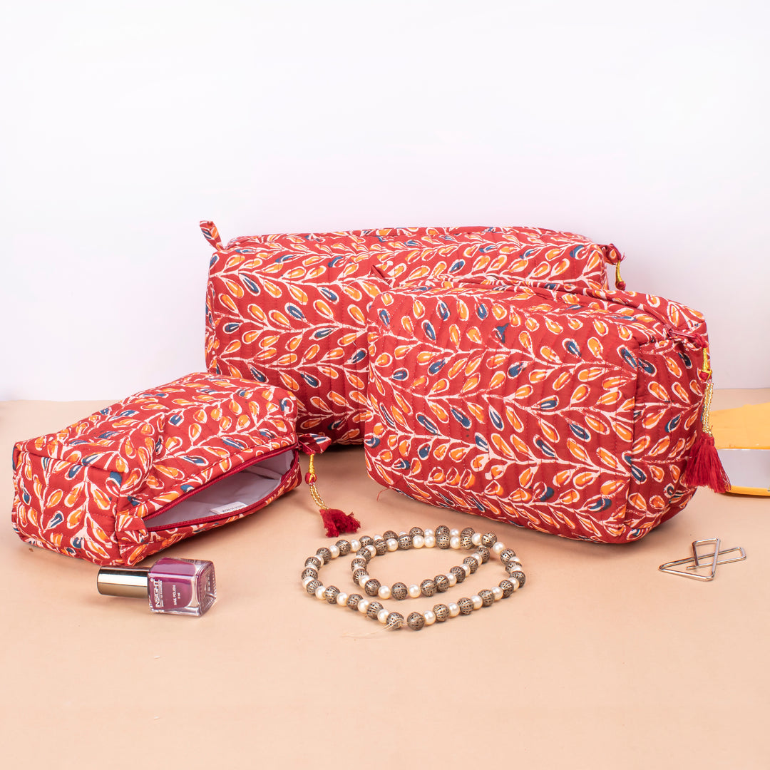 Set of 3 – Quilted Makeup Bag | Cotton Cosmetic Pouch &amp; Organizer