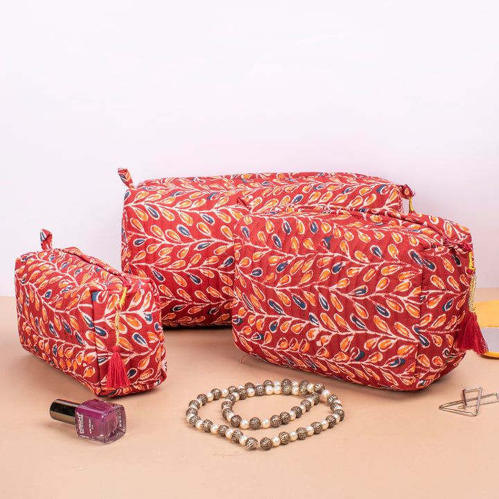 Set of 3 – Quilted Makeup Bag | Cotton Cosmetic Pouch &amp; Organizer